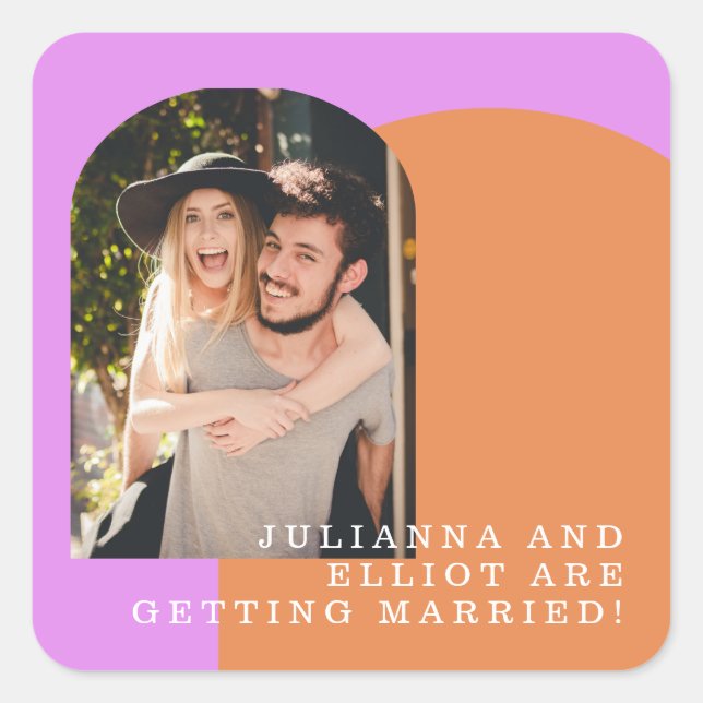 Custom Pink Orange Retro Photo Engagement  Square Sticker (Front)
