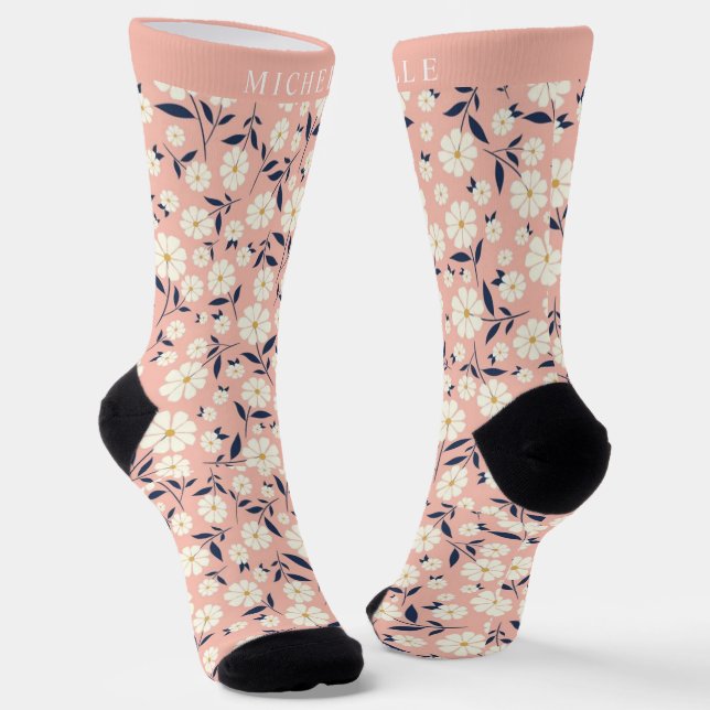 Custom Pink Peach Floral White Flowers Socks (Angled)
