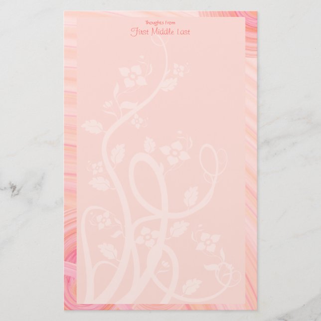 Custom Pink Peach Spirals Floral Border Stationery (Front)