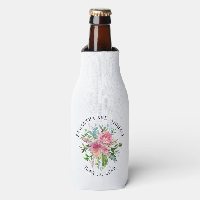 Custom Pink Peony Floral Wedding DIY Bottle Cooler (Bottle Front)