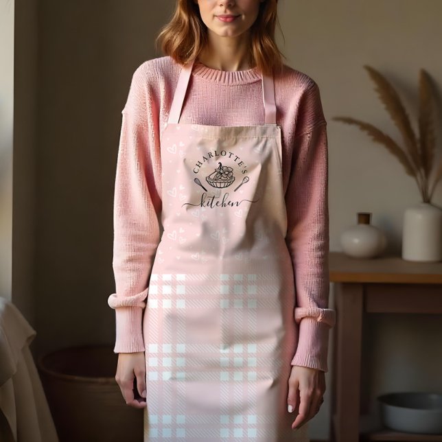 Custom Pink Plaid Kitchen Whisk & Tart Baking Apron (Custom Pink Plaid Kitchen Whisk & Tart Baking Apron)