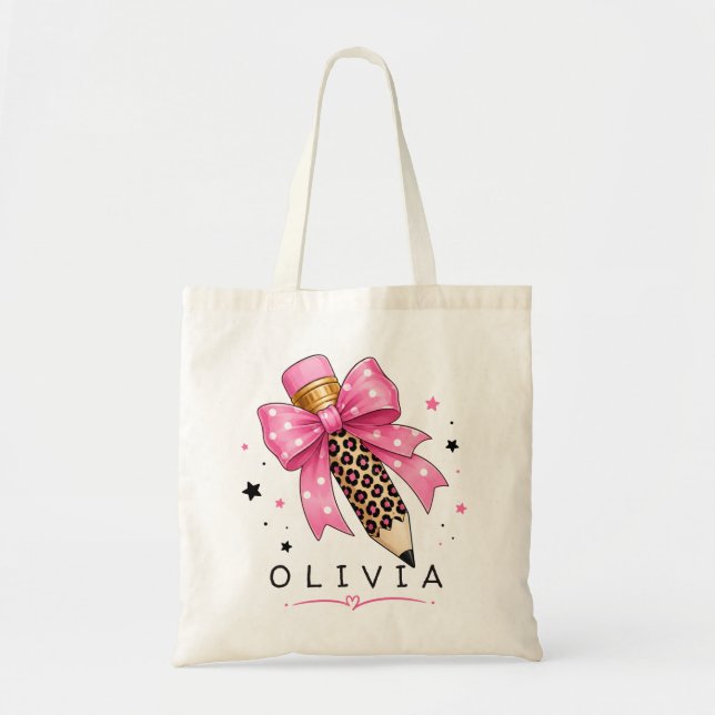 Custom Pink Polka Dot Bow Leopard Pencil Teacher Tote Bag (Front)