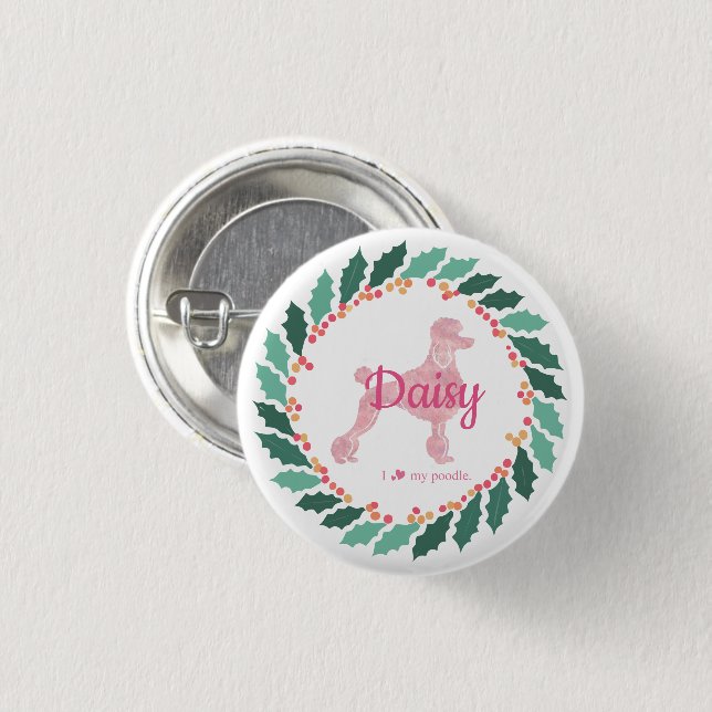 Custom Pink Poodle Silhouette Christmas Button (Front & Back)