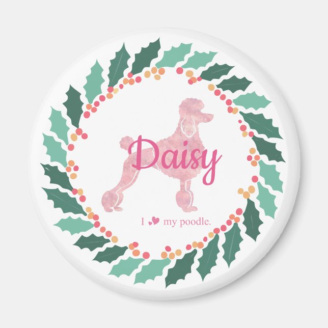 Custom Pink Poodle Silhouette Christmas Magnet (Front)