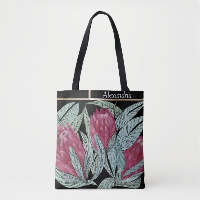 Custom pink Protea flower green leaf Tote Bag (Front)