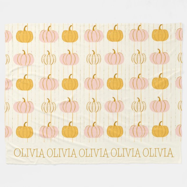 Custom Pink Pumpkin Pattern Orange Striped Fall Fleece Blanket (Front (Horizontal))