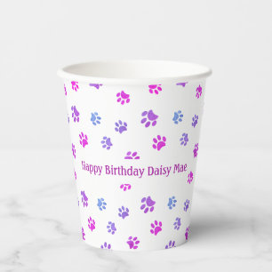 Custom Pink Purple Paw Prints Pet Birthday Party Paper Cups