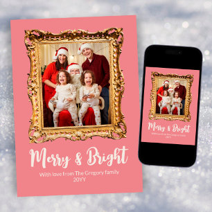 Custom Pink Retro Gold Photo Frame Merry Christmas Holiday Card