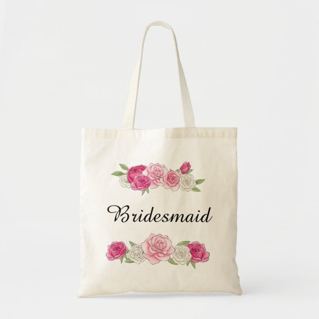Custom Pink Rose Floral Bridesmaid Tote Bag (Front)