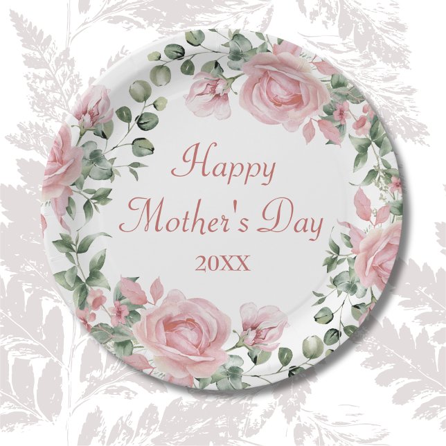 Custom Pink Rose Floral Happy Mothers Day  Paper Plate (Creator Uploaded)