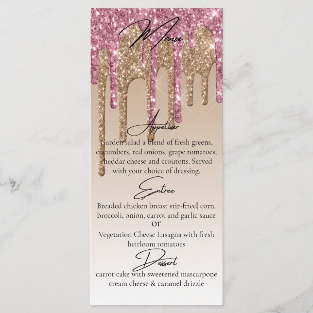 Custom Pink Rose Gold Glitter Drip Elegant Dinner Menu (Front)