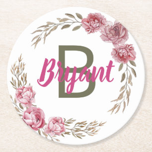 Custom Pink.Rose Monogram Design Round Paper Coaster