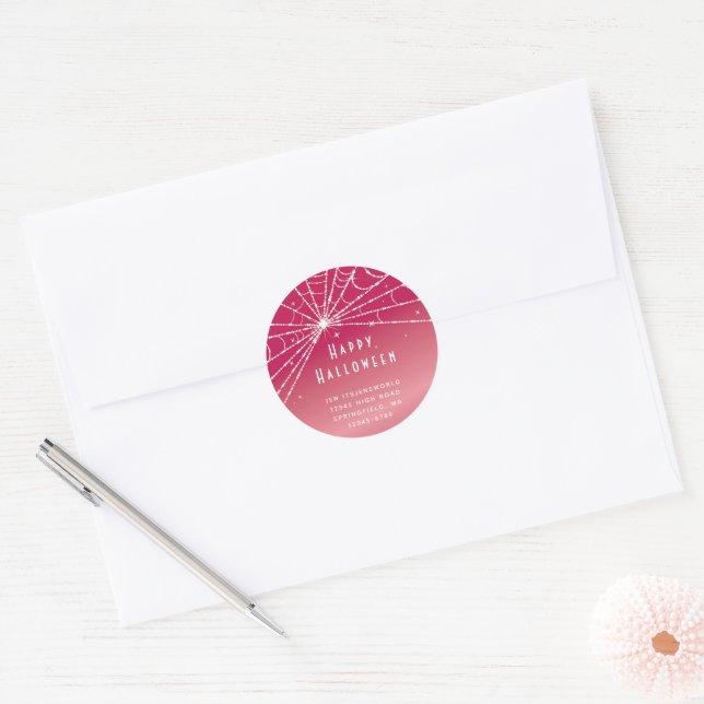Custom Pink Spider Web Halloween Address Classic Round Sticker (Envelope)