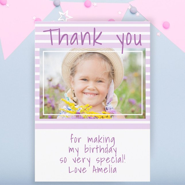 Custom Pink Stripes Birthday Photo Thank you card (Creator Uploaded)