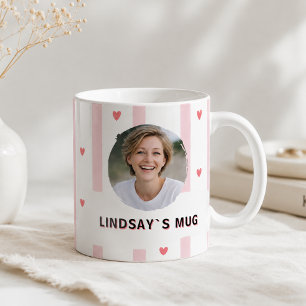 Custom Pink Stripes Heart Photo Name Mug