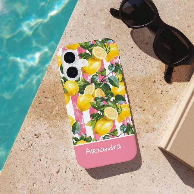 Custom Pink Stripes Summer Lemon Pattern iPhone 16 Case (Creator Uploaded)