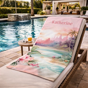 Custom Pink Tropical Beach Name Towel