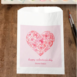 Custom Pink Watercolor Rose Heart Valentine's Day Favour Bags