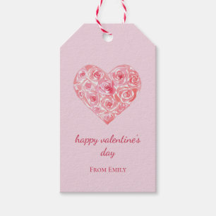 Custom Pink Watercolor Rose Heart Valentine's Day Gift Tags
