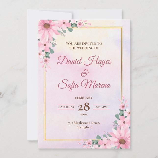 Custom Pink Watercolor Wedding Invitation (Front)