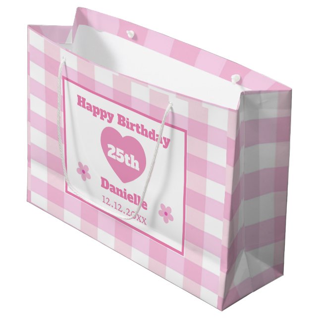Custom Pink White Chequered Happy 25th Birthday Large Gift Bag (Front Angled)
