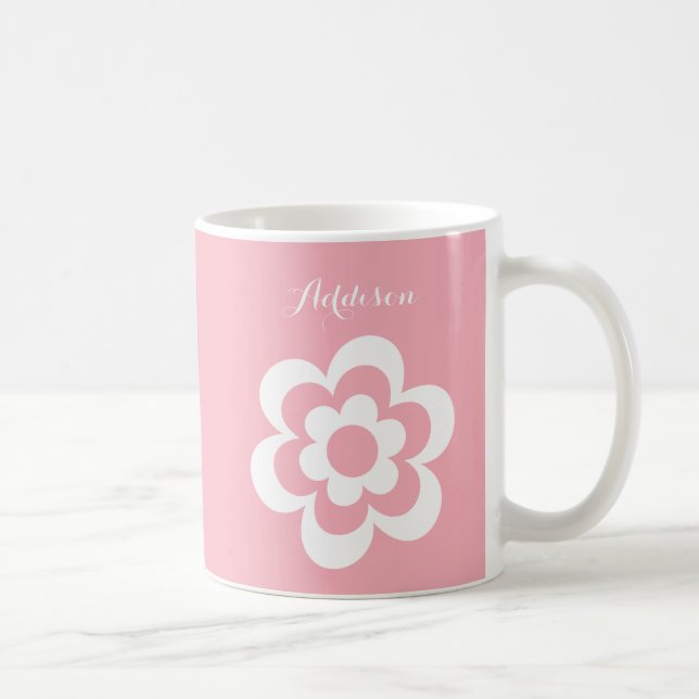 Custom Pink White Classic Mug With White Flower (Right)