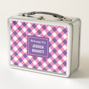 Custom Pink White Purple Chequered Pattern Kid's Metal Lunch Box