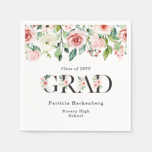 Custom Pink & White Watercolor Floral Grad Party Napkin