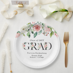 Custom Pink & White Watercolor Floral Grad Party  Paper Plate