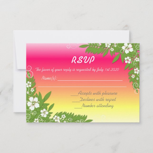 Custom pink yellow hibiscus RSVP wedding cards (Front)