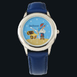 Custom Pirate Boy Watch<br><div class="desc">Cool pirate kids watch featuring a buccaneer carrying a sword next to a treasure chest filled with gold on a beach with blue sky background. Customise this cool boy's wristwatch with your child's name in white. Ahoy Matey!</div>