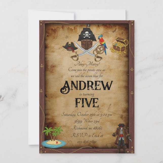 Custom Pirate Skull Treasure Map Ahoy Birthday Invitation (Front)