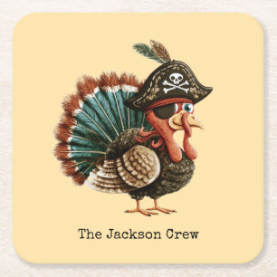 Custom Pirate Turkey Thanksgiving Party  Square Paper Coaster