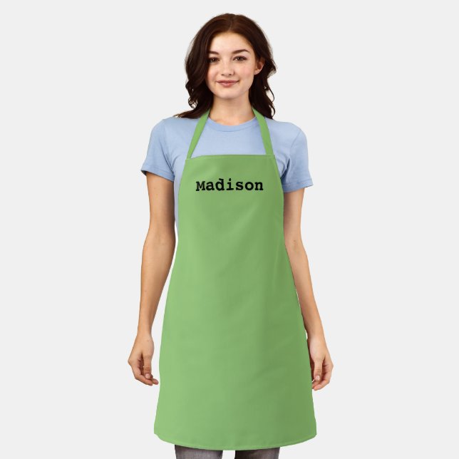 Custom pistachio green name text monogram kitchen apron (Worn)