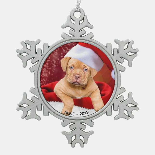 Custom Pitbull Puppy Dog Photo Snowflake Pewter Christmas Ornament (Front)