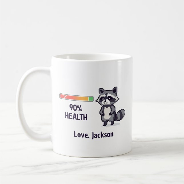 Custom Pixel Raccoon Health Bar Funny Coffee Mug (Left)
