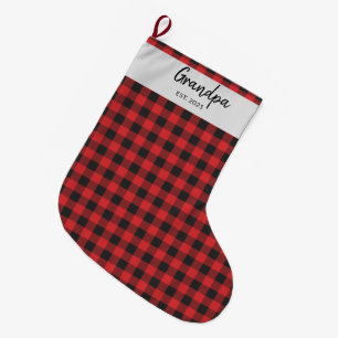 Custom Plaid Black Red Check Buffalo Name Large Christmas Stocking