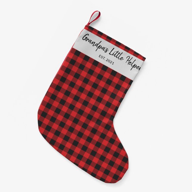 Custom Plaid Black Red Check Buffalo Name Small Christmas Stocking (Front (Hanging))