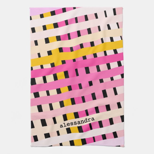 Custom Plaid Gradient Pink Yellow Black Striped  Tea Towel (Vertical)