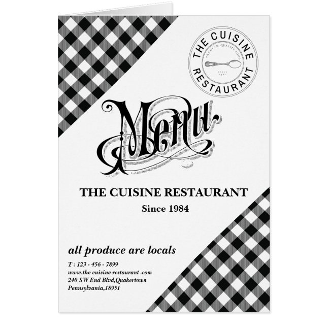 Custom Plaid Restaurant Menu Card (Front)