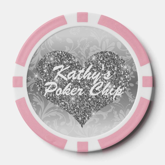 Custom Poker Chip Silver Faux Glitter Heart Floral (Front)