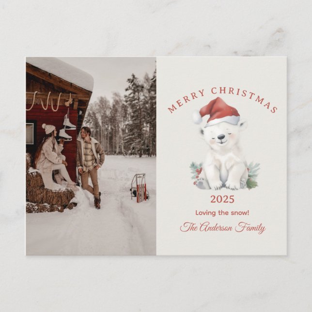 Custom polar bear watercolor Christmas photo gift Holiday Postcard (Front)