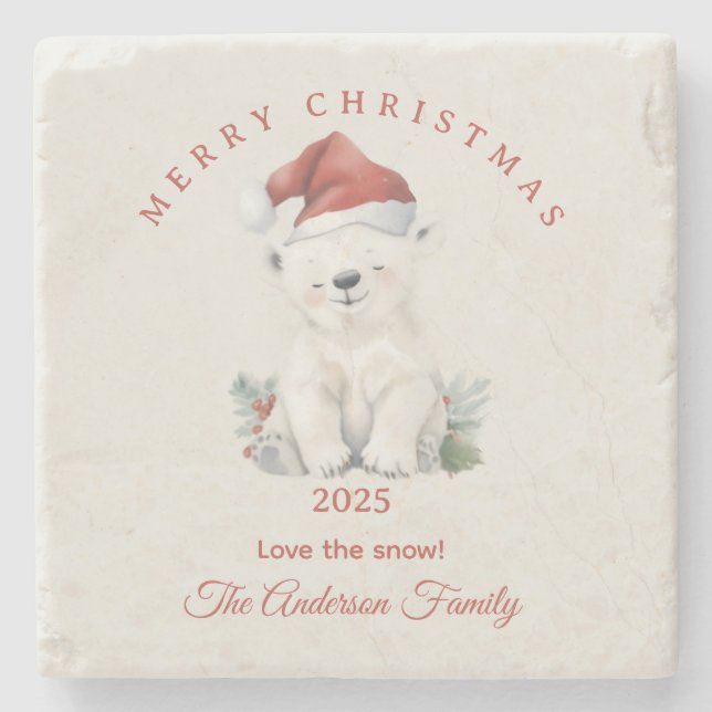Custom polar bear watercolor Christmas vibe gift Stone Coaster (Front)