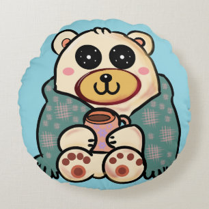 Custom Polar Bear with Coffee   Cute Winter Art Round Cushion