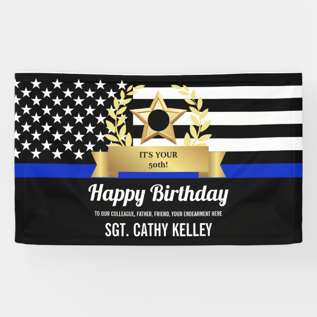 Custom Police Flag Thin Blue Line Happy Birthday  Banner (Horizontal)