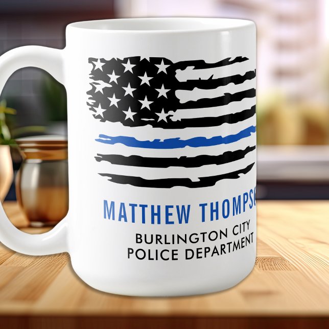 Custom Police Officer Thin Blue Line American Flag Coffee Mug (Creator Uploaded)