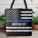 Custom Police Officer Thin Blue Line Personalised Tote Bag<br><div class="desc">Introducing our new Thin Blue Line Flag Tote Bag, perfect for police officers, police moms, police wives, policewomen, and anyone who wants to show their support for law enforcement. Designed in a distressed vintage style, this tote bag features the American flag with a striking Thin Blue Line that represents the...</div>
