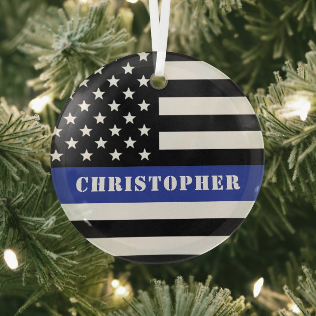 Custom Police Officer Thin Blue Line Police Dept. Glass Tree Decoration (Insitu)
