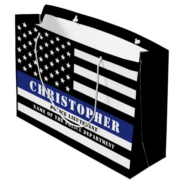 Custom Police Officer Thin Blue Line Police Dept. Large Gift Bag (Back Angled)
