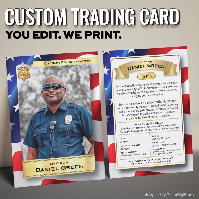 Custom Police Officer Trading Card, Recognition Calling Card (Custom Police Officer Trading Cards with USA Flag and Gold Elements)
